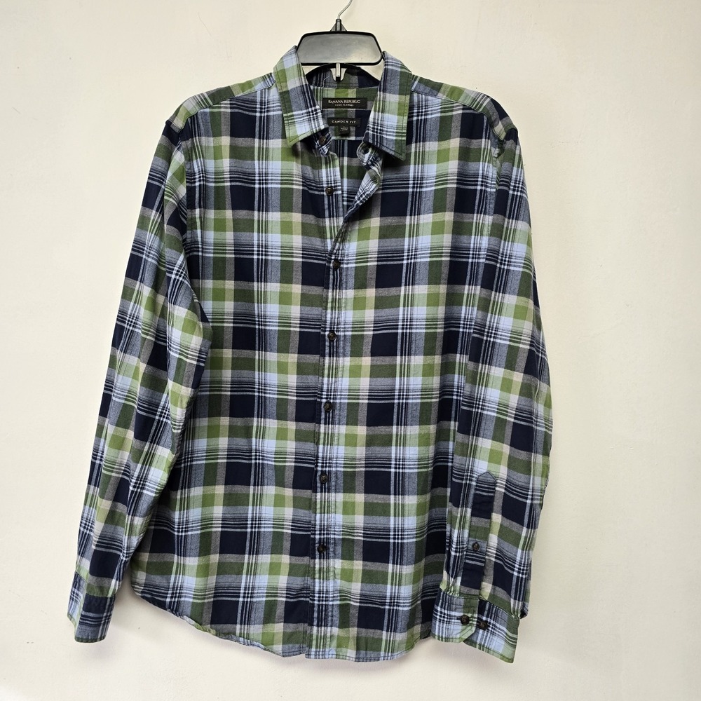 Banana Republic Shirt Mens L Plaid Camden Fit Luxe Flannel Blue Green Long Slv